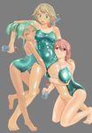  :o arena_(company) barefoot between_breasts between_thighs blush boob_chomp bottle breasts dark_skin eyes_closed feet green_eyes green_hair hand_on_shoulder hug kneeling large_breasts long_hair lotion mizugi one-piece_swimsuit open_mouth original pettanko pink_hair ponytail purple_eyes shoko_(moccom) short_hair tanlines tanned 