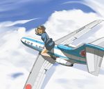  727_(airplane) aircraft airplane all_nippon_airways chanpii cloud day flying giantess gloves hat high_heels highres pencil_skirt riding salute shoes skirt sky smile solo stewardess uniform 