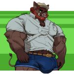  anthro beard bulge clothed clothing facial_hair looking_at_viewer male mammal muscular muscular_male nipple_bulge oldshep pubes smile solo standing suina tight_clothing 