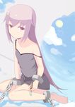  bound_legs bound_wrists chain child cloud dress loli long_hair paintbrush pettanko purple_hair red_eyes sitting sky sun 