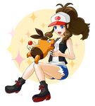  animal baseball_cap blue_eyes boots brown_hair denim denim_shorts hat legs long_hair open_mouth pokemon pokemon_(game) pokemon_black_and_white ponytail shorts sitting smile socks tank_top tepig torn_clothes touko vest 