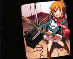 5_nenme_no_houkago absurdres amplifier blush boots electric_guitar hair_ornament happy high_res instrument jacket kantoku legs microphone_stand note_hair_ornament playing ponytail scarf skirt smile tartan 