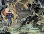  batman battle black_hair cape city dc_comics destruction epic gas mask multiple_boys night non-web_source red_eyes superman watermark weapon 