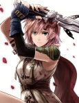  1girl arms_up bangs blue_eyes blue_gloves closed_mouth final_fantasy final_fantasy_xiii fingerless_gloves frown gloves gunblade hair_between_eyes hair_over_shoulder holding holding_sword holding_weapon lightning_farron long_hair petals pink_hair sasanomesi shoulder_pads simple_background solo sword weapon white_background 