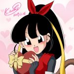  1girl artist_name black_hair blush breasts chocolate chocolate_heart dated dragon_ball dragon_ball_heroes female gloves happy heart karoine long_hair looking_at_viewer note_(dragon_ball) open_mouth ponytail simple_background smile solo tail valentine 