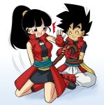  1girl artist_name beat_(dragon_ball) black_hair blush boots breasts dated dragon_ball dragon_ball_heroes female gloves karoine long_hair looking_at_viewer looking_back moaning note_(dragon_ball) open_mouth ponytail simple_background sitting smile tail 