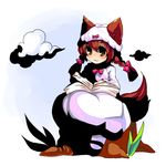  blush book bow braid brown_eyes brown_hair cloud dress grass hair_bow hair_ribbon kemonomimi pantsu pantsu_hat ribbon sitting sky smile tail tree_stump twin_braids 