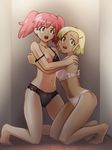  2girls areolae bare_shoulders barefoot belly black_bra black_panties blonde bra breast_slip erect_nipples feet hair_clip hug kidnapped navel nipples orange_eyes pantsu red_hair scared tagme wardrobe_malfunction white_bra white_panties wide_hips yellow_eyes 