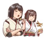  2girls aircraft airplane bowl brown_eyes brown_hair commentary_request cropped_torso crossed_arms e16a_zuiun eyes_closed feeding hair_intakes hair_ribbon hyuuga_(kantai_collection) ise_(kantai_collection) japanese_clothes kantai_collection karasu_(naoshow357) multiple_girls open_mouth ponytail remodel_(kantai_collection) ribbon short_hair short_ponytail simple_background spoon undershirt upper_body white_background 