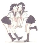  2girls ^_^ black_hair blush face_to_face messy_hair miniskirt multiple_girls nishieda school_uniform serafuku shirt shoes short_hair sisters skirt smile socks teeth twin_tails wink 