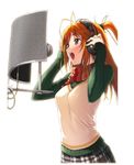  5_nenme_no_houkago headphones kantoku ponytail recording_studio scarf singing skirt sweater_vest tartan white_background 