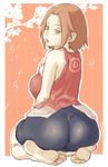  1girl anus ass back barefoot feet green_eyes hand_on_chest haruno_sakura huge_ass looking_back mugen_no_ossan naruto open_mouth oppai oshiri paychflat pink_hair shirt short_hair shorts sideboob sitting skin_tight sleeveless sleeveless_shirt spats sweat 