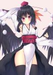 1girl arm_behind_head arm_up armpits bangs bare_shoulders black_hair black_legwear black_wings blush breasts cleavage closed_mouth commentary_request covered_navel cowboy_shot eyebrows_visible_through_hair feathered_wings groin hat japanese_clothes kimono kourindou_tengu_costume kuraaken leaf_fan long_sleeves low_wings obi pink_background pom_pom_(clothes) red_eyes red_hat ribbon-trimmed_sleeves ribbon_trim sash shameimaru_aya short_hair simple_background smile solo thighhighs tokin_hat touhou waist_cape white_kimono wide_sleeves wings 