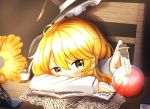  1girl ahoge blonde_hair blush book bottle bow braid chair cork desk desk_lamp hat hat_bow hat_ribbon headwear_removed kirisame_marisa lamp long_sleeves looking_at_viewer natsune_ilasuto paper potion quill resting ribbon scribble side_braid single_braid sitting solo touhou witch_hat yellow_eyes 
