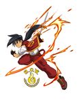  black_hair bleedman blue_eyes chinese_clothes fire logo male smile sword weapon 