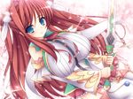  aqua_eyes breasts cleavage koihime_musou large_breasts long_hair oppai red_hair ryuubi skirt solo twin_tails 