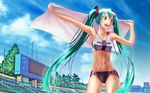  aqua_eyes aqua_hair hair_ornaments hatsune_miku midriff navel open_mouth tagme takouji towel twin_tails two_piece_swimsuit vocaloid wokada 