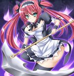  airi airi_(queen's_blade) black_legwear black_lingerie blush breasts cleavage green_eyes large_breasts lingerie long_hair maid maid_headdress mikan_(5555) oppai queen&#039;s_blade queen's_blade red_hair ribbon scythe skirt solo spirit thighhighs twin_tails twintails wrist_cuffs 