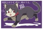  bow cat cat_focus doukyonin_wa_hiza_tokidoki_atama_no_ue. haru_(doukyonin_wa_hiza_tokidoki_atama_no_ue.) heart no_humans onomekaman open_mouth purple_background red_bow red_eyes standing 
