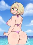  1girl afrobull ao_no_exorcist ass biniki blonde_hair blush breasts cloud curvy eyebrows green_eyes hips huge_ass looking_back moriyama_shiemi ocean outdoors sea short_hair sky smile solo thick_thighs thighs water wide_hips 
