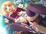  ashikoki blonde blush bunshuu censored cum_on_feet drill_hair enshou feet ganryou koihime_musou open_mouth semen tagme thighhighs wet wet_panties yuri 