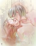  couple eyes_closed green_hair hug kiss long_hair nipples nude orange_hair original short_hair soemy tagme water 
