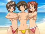  3girls beach belly bikini black_hair blush breast_hold brown_eyes brown_hair grope happy island mizugi mr._chino&#039;s_an_imitation_nidaru navel ocean pettanko pink_bikini red_bikini self_fondle short_hair side_tie_bikini smile tagme topless wide_hips wink yellow_bikini 