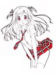  5_nenme_no_houkago :o absurdres blush high_res kantoku kurumi_(kantoku) long_hair necktie original plaid red_eyes school_uniform simple_background skirt skirt_lift solo thighhighs zettai_ryouiki 