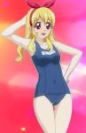  :d aikatsu! arm_at_side armpits artist_request bare_arms bare_shoulders chestnut_mouth collarbone covered_navel hairband hand_on_hip happy hoshimiya_ichigo legs looking_at_viewer medium_breasts mound_of_venus name_tag official_art school_swimsuit solo swimsuits 