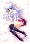 absurdres bed_sheet between_legs black_legwear blue_hair blush hair_ribbon half_updo hand_between_legs hand_on_own_face highres legs long_hair looking_at_viewer lying marginal_skip mitha neithright_heithlover no_shoes on_side panties panty_pull plaid plaid_panties purple_eyes ribbon scan school_uniform solo striped thighhighs underwear white_panties 