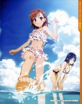  2girls :&lt; :3 barefoot bent_over bikini cleavage cloud cover feet foreshortening high_res konori_mii megane misaka_mikoto mizugi multiple_girls navel oppai polka_dot polka_dot_bikini polka_dot_swimsuit sky splash submerged tanaka_yuuichi to_aru_kagaku_no_railgun to_aru_majutsu_no_index wading 