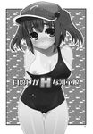  arms_behind_back blush dark_skin eyebrows hair_bobbles hair_ornament kawashiro_nitori mizugi monochrome nipples oppai short_hair solo strap_slip sukumizu takadoya tanlines tanned thigh_gap touhou translated twin_tails 