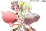  2girls armor arms_linked back_to_back belly blush breasts brown_eyes confused cow_bell erect_nipples green_hair horns huge_breasts inflation lactation milk milking navel nipples open_mouth oppai silver_hair surprised tagme women_livestock worried yellow_eyes 