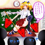  black_thighhighs blonde broom chalkboard classroom clock desk pleated_skirt purple_eyes school_uniform schoolgirl suwakichi thighhighs twin_tails undressing white_shirt 