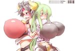  2girls armor arms_linked back_to_back belly blush breasts brown_eyes confused cow_bell erect_nipples green_hair horns huge_breasts inflation lactation milk milking navel nipples oppai silver_hair surprised tagme women_livestock worried yellow_eyes 