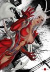  1girl ahoge amaha_masane armor bikini_armor black_sclera bodypaint breasts cleavage cosplay crotch_plate huge_ahoge large_breasts monster_girl photo prehensile_hair red_eyes reveling_clothes white_hair witchblade 