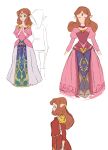  1girl arms_up blue_eyes brown_hair dress earrings female grin hand_up jewelry long_hair long_sleeves nintendo pink_dress pointy_ears princess princess_zelda red_dress smile solo the_legend_of_zelda tiara triforce zelda_ii:_the_adventure_of_link 