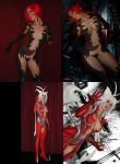  1girl ahoge amaha_masane armor before_and_after bikini_armor black_sclera bodypaint breasts cleavage cosplay crotch_plate huge_ahoge large_breasts monster_girl photo prehensile_hair red_eyes red_hair reveling_clothes transformation white_hair witchblade yellow_eyes 