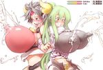  2girls ahegao armor arms_linked back_to_back belly blush breasts brown_eyes confused cow_bell erect_nipples green_hair horns huge_breasts inflation lactation milk milk_squirt milking navel nipples open_mouth oppai silver_hair smi surprised syringe tagme ushiko women_livestock worried yellow_eyes 