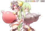  2girls armor arms_linked back_to_back belly blush breasts brown_eyes confused cow_bell erect_nipples green_hair horns huge_breasts inflation lactation milk milk_squirt milking navel nipples open_mouth oppai silver_hair smi surprised syringe tagme ushiko women_livestock worried yellow_eyes 