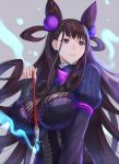  1girl bangs black_dress breasts brown_hair curly_hair double_bun dress fate/grand_order fate_(series) fingernails gem glowing grey_background holding holding_paintbrush juliet_sleeves large_breasts long_hair long_sleeves looking_away looking_to_the_side magic multicolored_hair murasaki_shikibu_(fate) natsuyu paintbrush parted_lips puffy_sleeves purple_eyes shiny shiny_hair signature simple_background sleeves_past_wrists solo streaked_hair striped turtleneck underbust upper_body 