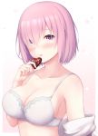  1girl blush bra breasts chacharan chocolate chocolate_heart eyebrows_visible_through_hair eyes_visible_through_hair fate/grand_order fate_(series) hair_over_one_eye heart highres holding lavender_hair looking_at_viewer mash_kyrielight open_mouth pink_hair purple_eyes purple_hair short_hair solo underwear valentine 