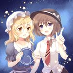  album_cover blonde_hair blush brown_hair cover hat komi_zumiko maribel_hearn multiple_girls necktie night pointing purple_eyes short_hair star touhou upper_body usami_renko yellow_eyes 