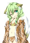  animal_ears bathrobe bikini blush braid dog_ears dog_tail fang green_eyes green_hair hair_over_shoulder one_eye_closed open_clothes open_mouth open_robe original robe saitou_kon shingetsu_takehito smile solo swimsuit tail twin_braids 