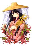  absurdres akita_komachi_(rice) bird cherry_blossoms hat highres ichimegasa japanese_clothes kimono nishimata_aoi solo straw_hat upper_body veil wheat 