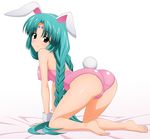  all_fours animal_ears ass bare_legs barefoot braid bunny_ears bunny_tail bunnysuit canal_vorfeed fake_animal_ears fake_tail feet green_hair highres leotard long_hair looking_back lost_universe pink_leotard purple_eyes solo sugimura_tomokazu tail wrist_cuffs 