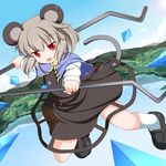  animal_ears black_dress blue_sky capelet day dowsing_rod dress grey_hair highres jewelry mary_janes md5_mismatch midair mountainous_horizon mouse_ears mouse_girl mouse_tail navel nazrin necklace nikku_(ra) open_mouth outdoors red_eyes shoes short_hair sky solo tail touhou 