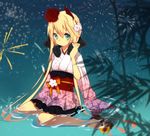  aerial_fireworks bad_id bad_pixiv_id blonde_hair fireworks flower green_eyes hair_flower hair_ornament headphones headphones_around_neck highres japanese_clothes kimono long_hair marlin_suzuki night original sandals short_kimono sitting solo submerged very_long_hair wariza water 