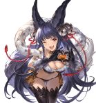  1girl ;d alpha_transparency animal_ears bangs bare_shoulders bell black_gloves black_hair black_legwear blunt_bangs blush breasts chocolate chocolate_heart erune fang fox_ears fox_tail fur fur_trim gloves granblue_fantasy hair_bell hair_ornament heart heart_hands jingle_bell large_breasts long_hair looking_at_viewer minaba_hideo navel official_art one_eye_closed open_mouth red_eyes revealing_clothes smile solo tail thighhighs transparent_background valentine very_long_hair yuel_(granblue_fantasy) 