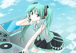  absurdres checkered checkered_floor cloud day green_eyes green_hair hatsune_miku headset highres long_hair necktie skirt sky smile solo twintails very_long_hair vocaloid yomio 